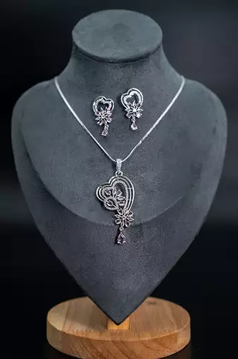 Zirconium faux diamond pendant set, silver plated cz necklace set,american diamond,indian jewellery