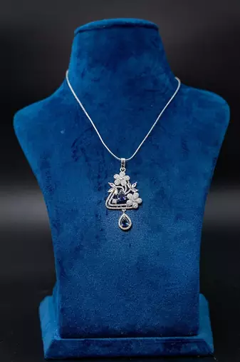 American diamond (cz) silver plated pendant set with earrings pendant blue diamond necklace