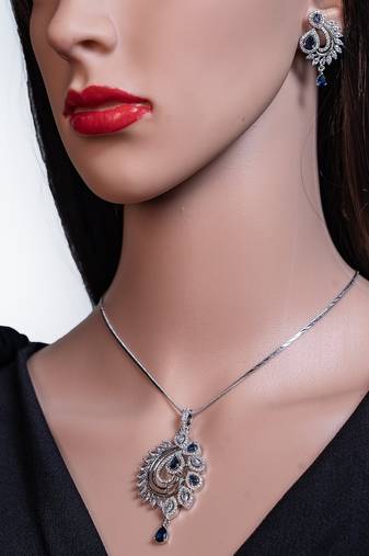 Diamond pendant set, cz pendant with chain and earrings replica american diamond partywear prom jewelry