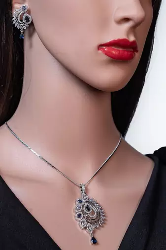 Diamond pendant set, cz pendant with chain and earrings replica american diamond partywear prom jewelry