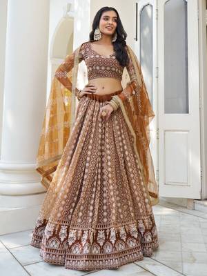 Beige Soft Net Embroidered Lehenga Choli With Dupatta For Wedding  1