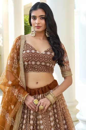 Beige Soft Net Embroidered Lehenga Choli With Dupatta For Wedding 