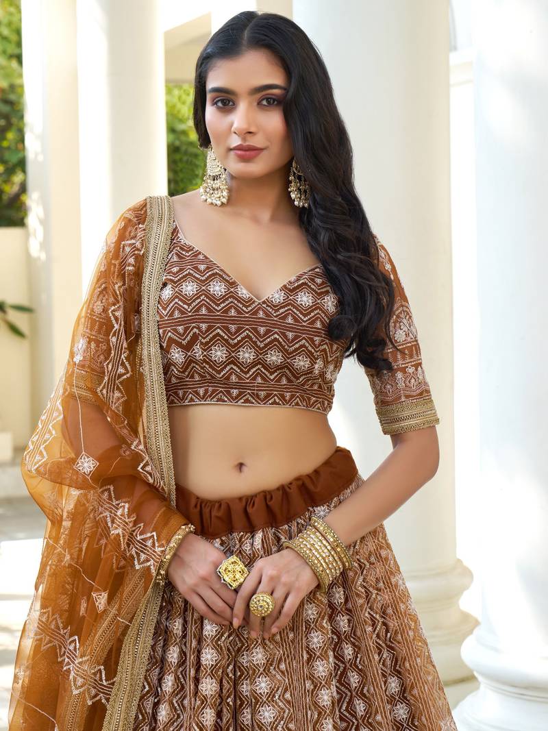 Beige Soft Net Embroidered Lehenga Choli With Dupatta For Wedding 