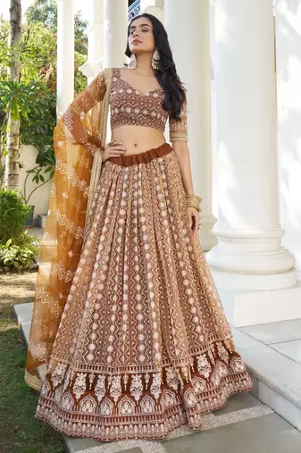 Beige Soft Net Embroidered Lehenga Choli With Dupatta For Wedding 