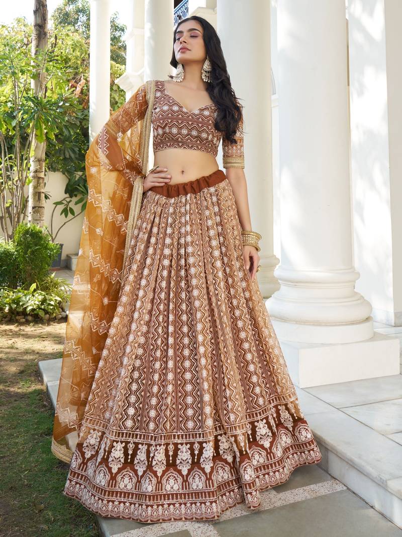 Beige Soft Net Embroidered Lehenga Choli With Dupatta For Wedding 