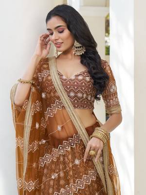 Beige Soft Net Embroidered Lehenga Choli With Dupatta For Wedding  4