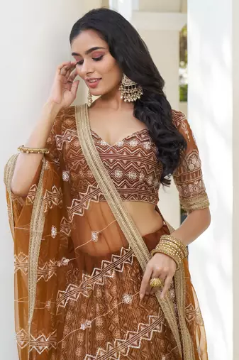 Beige Soft Net Embroidered Lehenga Choli With Dupatta For Wedding 