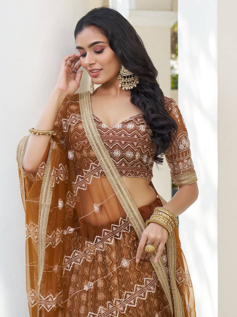 Beige Soft Net Embroidered Lehenga Choli With Dupatta For Wedding 
