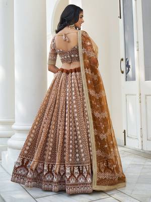 Beige Soft Net Embroidered Lehenga Choli With Dupatta For Wedding  5