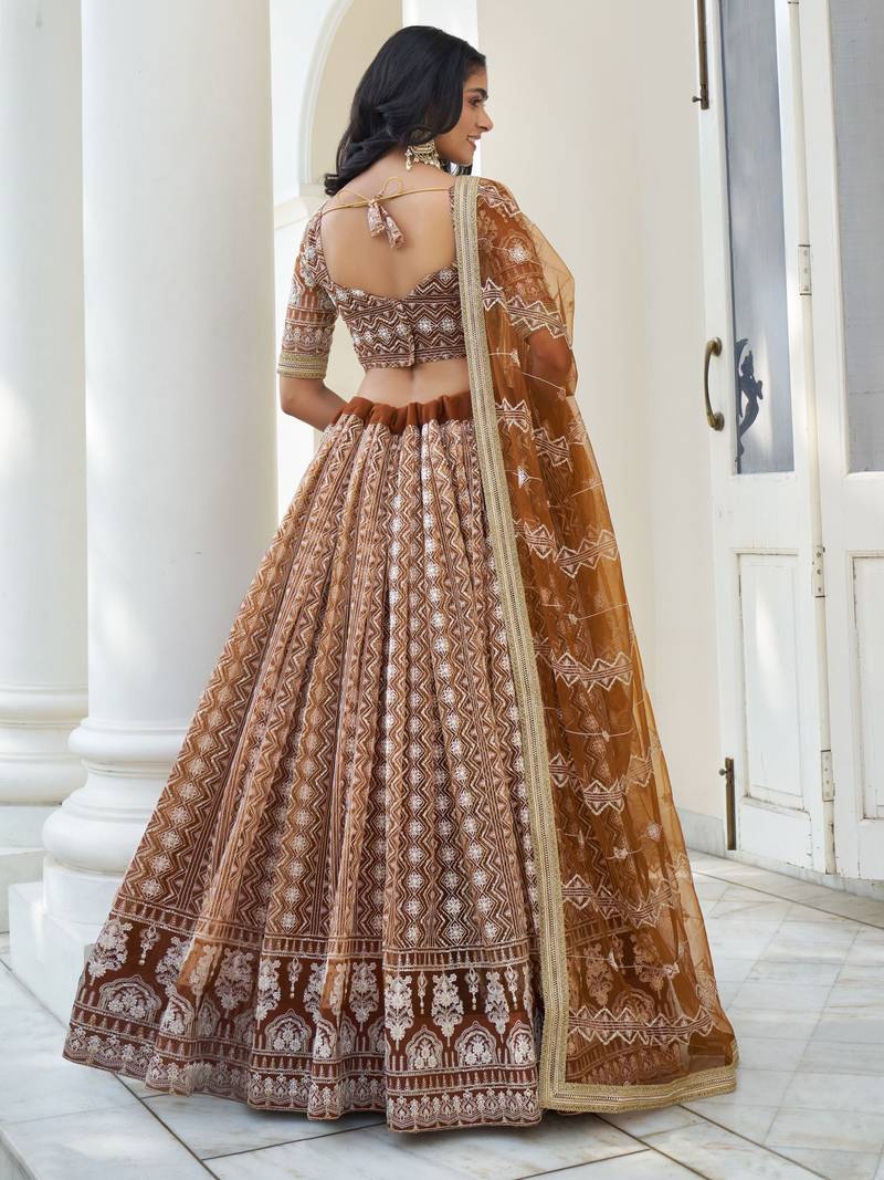 Beige Soft Net Embroidered Lehenga Choli With Dupatta For Wedding 