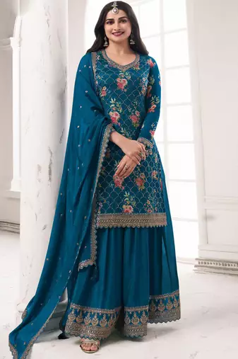 Teal chinon digital embroidery designer sharara suit