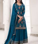Teal chinon digital embroidery designer sharara suit