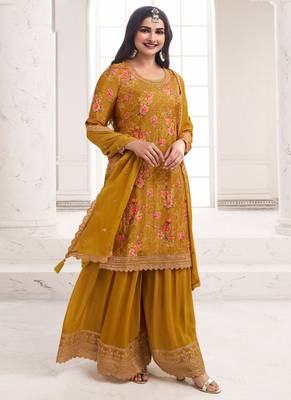 Mustard chinon digital embroidery designer sharara suit 1