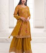 Mustard chinon digital embroidery designer sharara suit