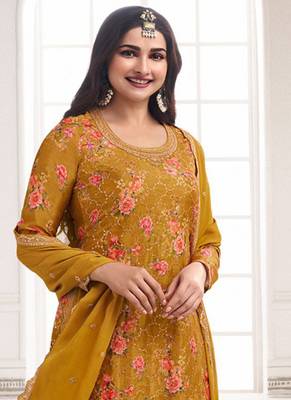 Mustard chinon digital embroidery designer sharara suit 2