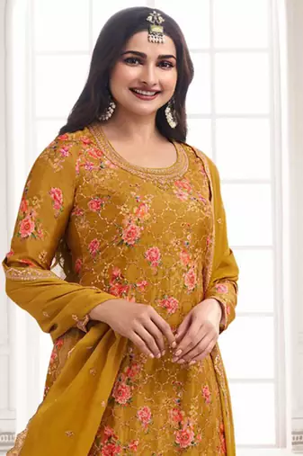 Mustard chinon digital embroidery designer sharara suit