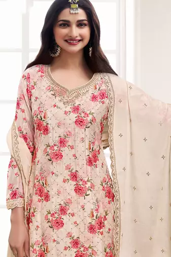 Off white chinon digital embroidery designer sharara suit