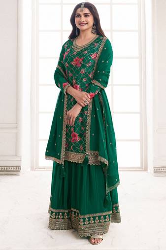 Green chinon digital embroidery designer sharara suit