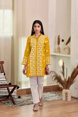 Yellow colour ethnic resham work rayon fabric smart casual kurta 1