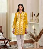 Yellow colour ethnic resham work rayon fabric smart casual kurta