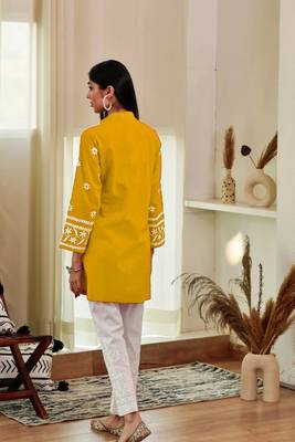 Yellow colour ethnic resham work rayon fabric smart casual kurta 2