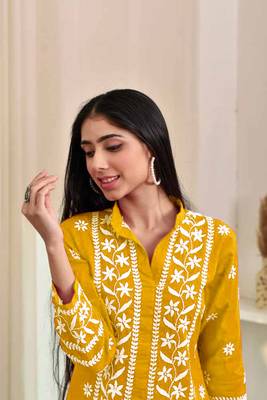 Yellow colour ethnic resham work rayon fabric smart casual kurta 3