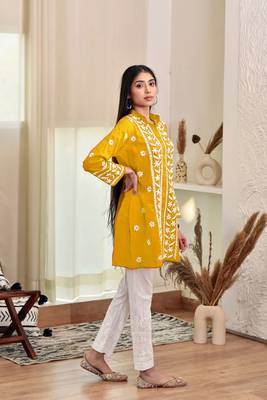 Yellow colour ethnic resham work rayon fabric smart casual kurta 4