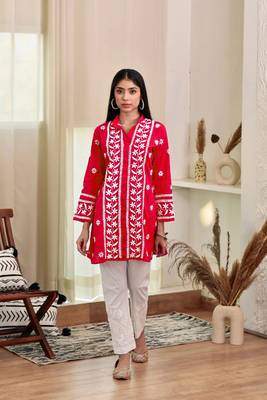 Red colour ethnic resham work rayon fabric smart casual kurta 1