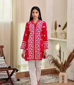Red colour ethnic resham work rayon fabric smart casual kurta