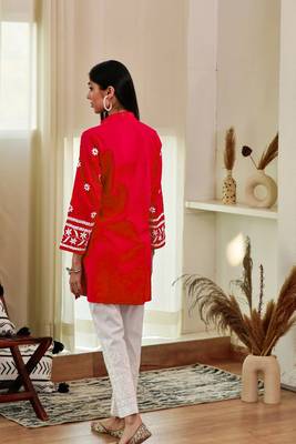 Red colour ethnic resham work rayon fabric smart casual kurta 2