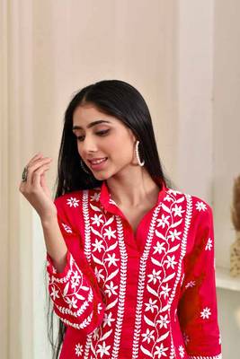 Red colour ethnic resham work rayon fabric smart casual kurta 3