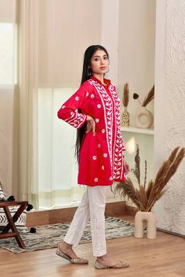 Red colour ethnic resham work rayon fabric smart casual kurta 4