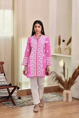 Pink colour ethnic resham work rayon fabric smart casual kurta 1