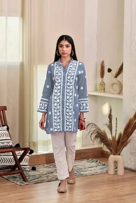 Grey colour ethnic resham work rayon fabric smart casual kurta 1