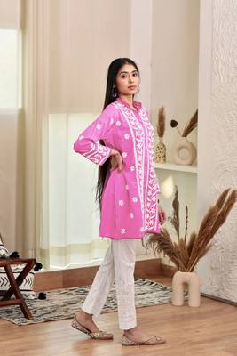 Pink colour ethnic resham work rayon fabric smart casual kurta 4