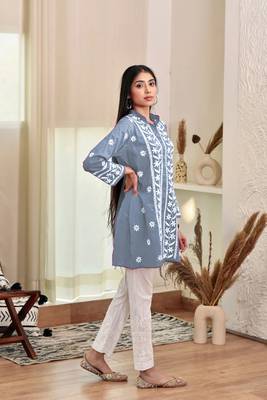 Grey colour ethnic resham work rayon fabric smart casual kurta 4