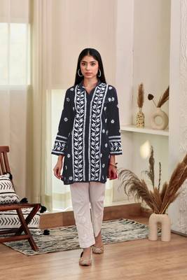 Navy blue colour ethnic resham work rayon fabric smart casual kurta 1