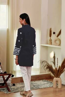 Navy blue colour ethnic resham work rayon fabric smart casual kurta 2