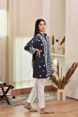 Navy blue colour ethnic resham work rayon fabric smart casual kurta 3
