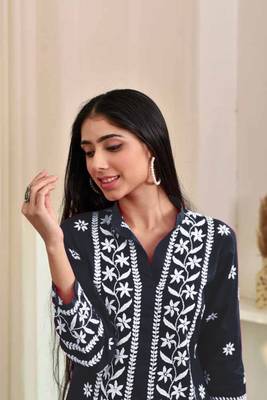 Navy blue colour ethnic resham work rayon fabric smart casual kurta 4
