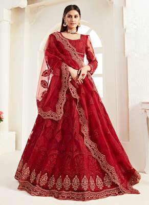 Red Net With Silk Satin Thread Work Wedding Lehenga 1