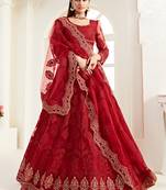 Red Net With Silk Satin Thread Work Wedding Lehenga