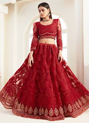 Red Net With Silk Satin Thread Work Wedding Lehenga 2