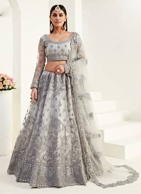 Grey Net With Silk Satin Thread Work Wedding Lehenga 1