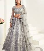 Grey Net With Silk Satin Thread Work Wedding Lehenga