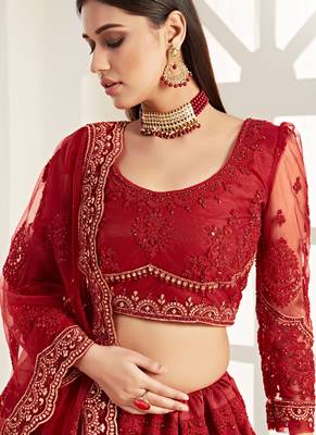 Red Net With Silk Satin Thread Work Wedding Lehenga 3