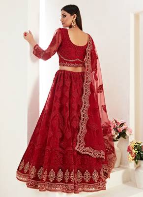 Red Net With Silk Satin Thread Work Wedding Lehenga 4