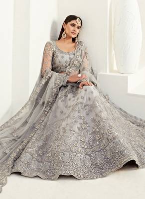 Grey Net With Silk Satin Thread Work Wedding Lehenga 2