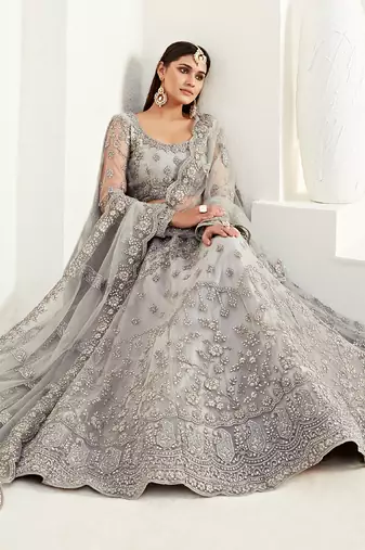 Grey Net With Silk Satin Thread Work Wedding Lehenga