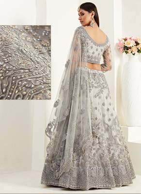Grey Net With Silk Satin Thread Work Wedding Lehenga 3